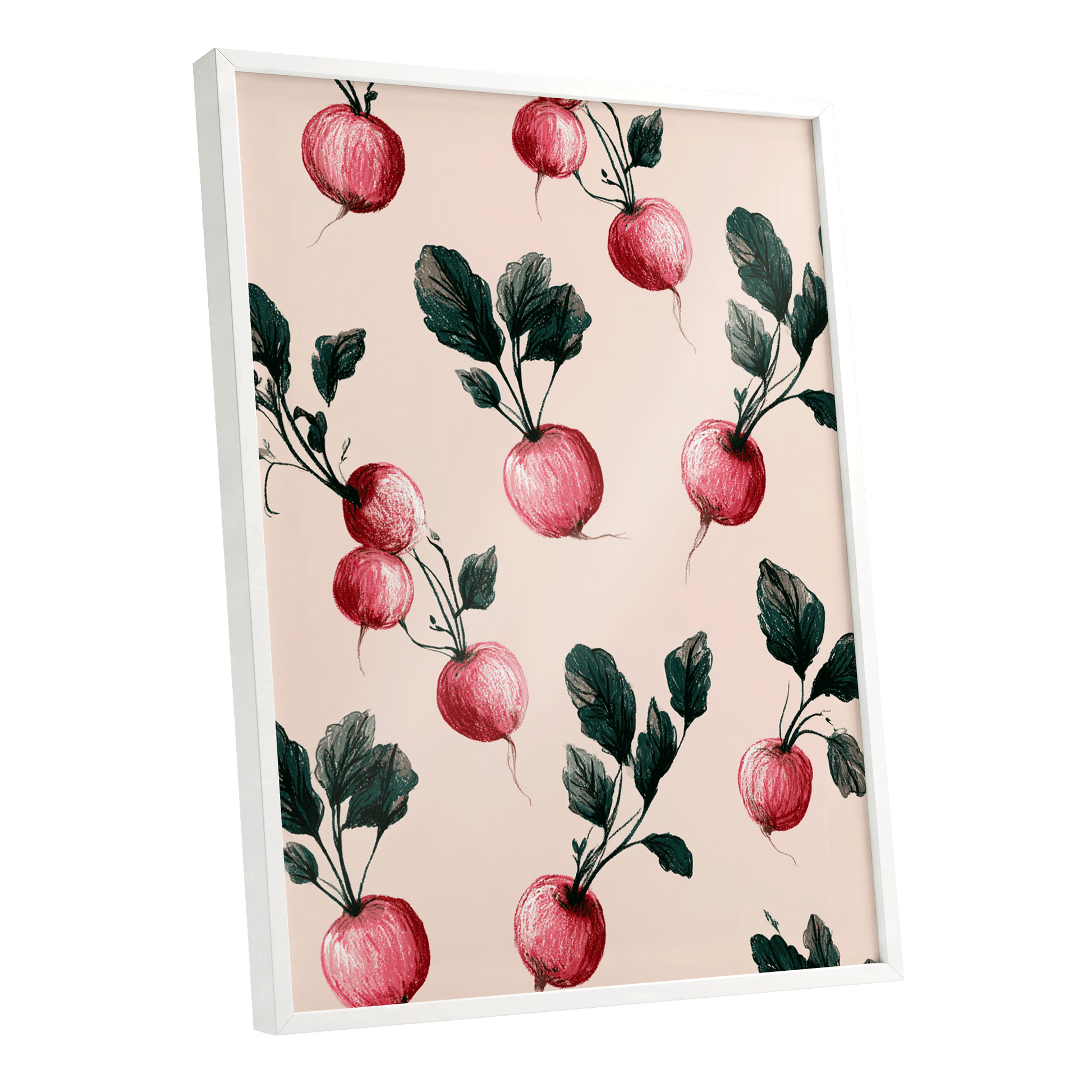 Radish Garden Rhythm, beige, pink, red nature wall art shown as a white framed poster wall art print