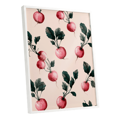 Radish Garden Rhythm, beige, pink, red nature wall art shown as a white framed poster wall art print