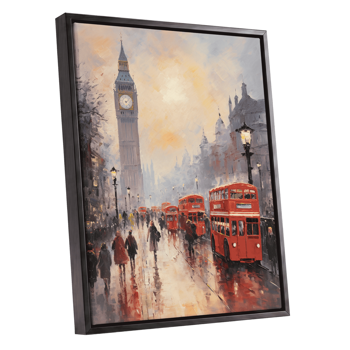 Rain Over Westminster, red, beige, gray abstract wall art shown as a black framed canvas wall art