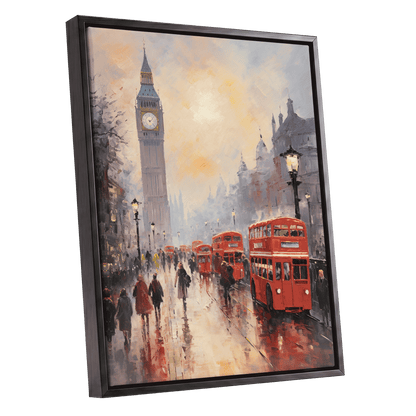 Rain Over Westminster, red, beige, gray abstract wall art shown as a black framed canvas wall art