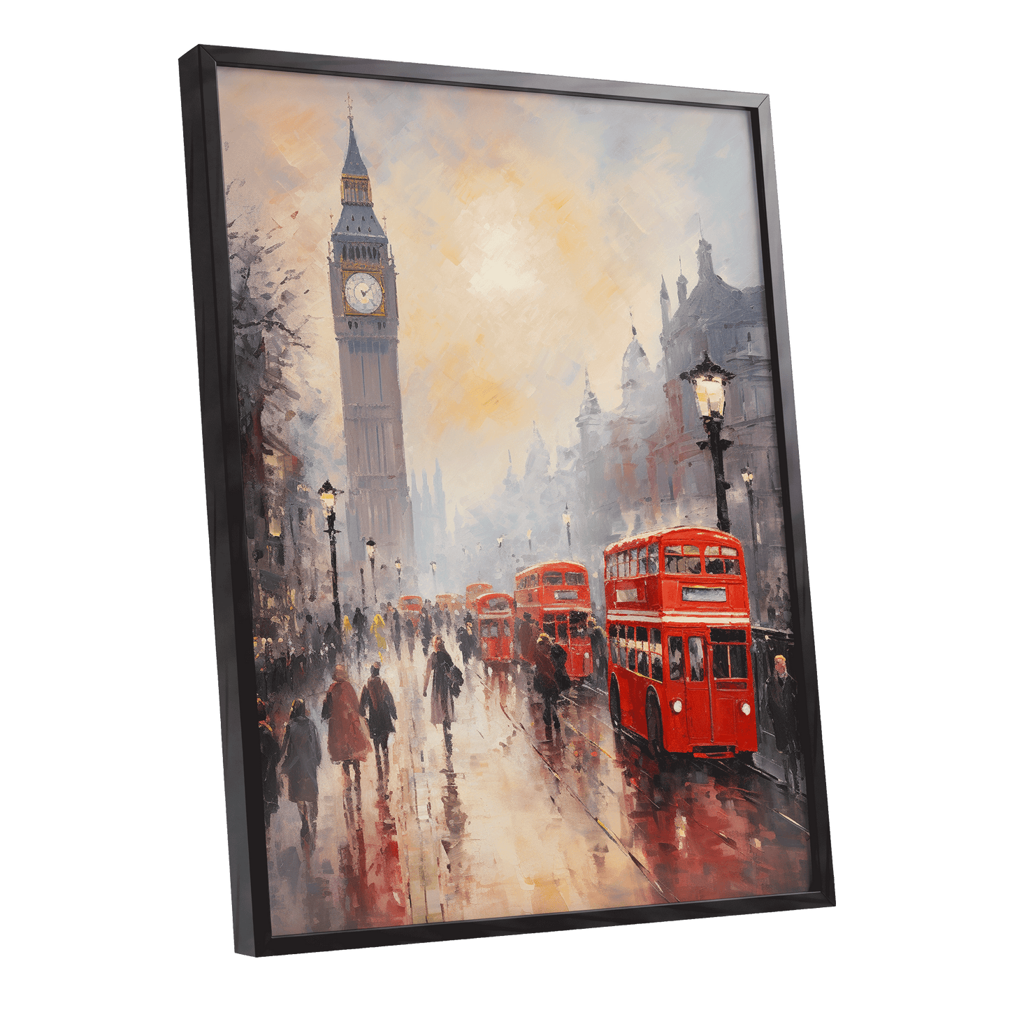 Rain Over Westminster, red, beige, gray abstract wall art shown as a black framed poster wall art print