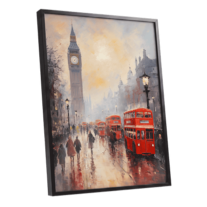 Rain Over Westminster, red, beige, gray abstract wall art shown as a black framed poster wall art print