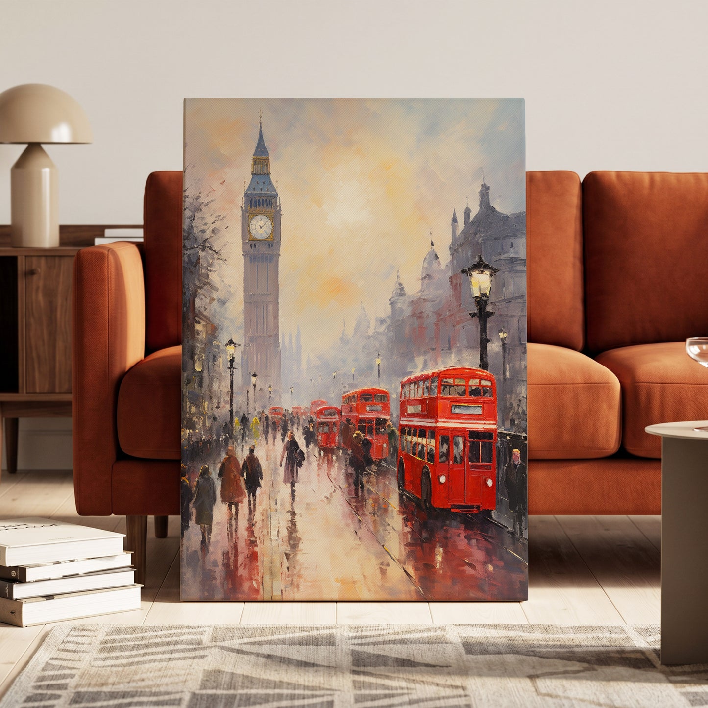 Rain Over Westminster, red, beige, gray abstract wall art on canvas displayed in a styled interior, gallery view 1