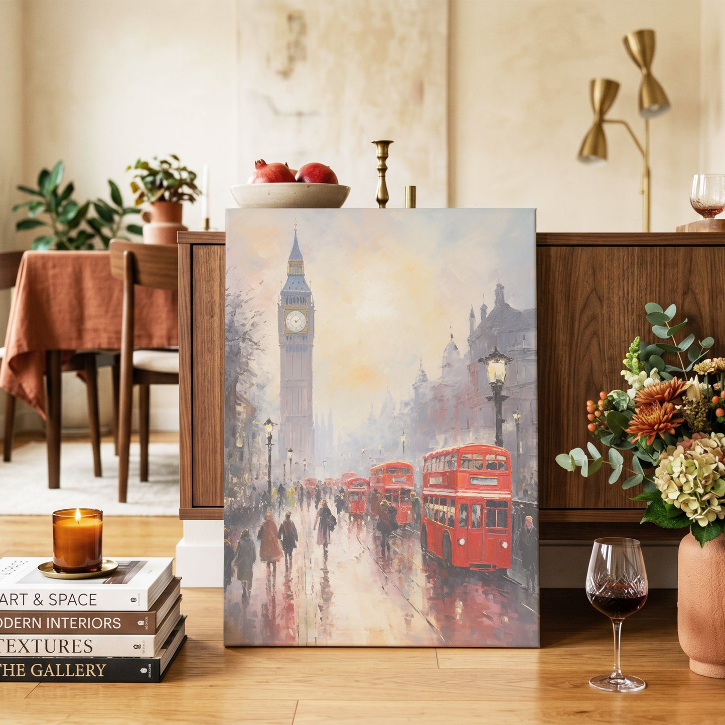 Rain Over Westminster, red, beige, gray abstract wall art on canvas displayed in a styled interior, gallery view 2