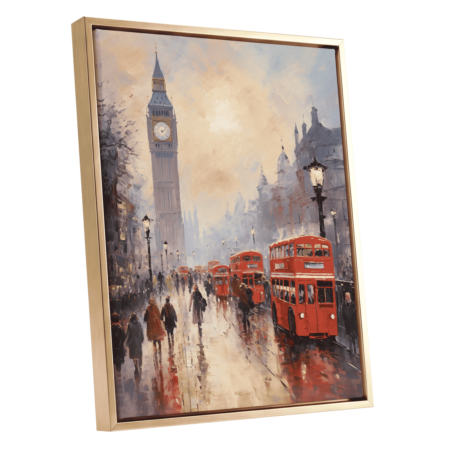 Rain Over Westminster, red, beige, gray abstract wall art shown as a gold framed canvas wall art