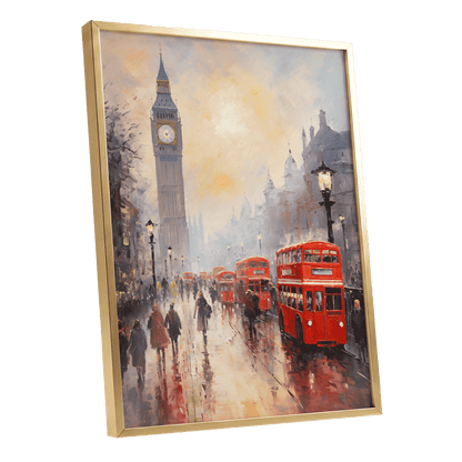 Rain Over Westminster, red, beige, gray abstract wall art shown as a gold framed poster wall art print