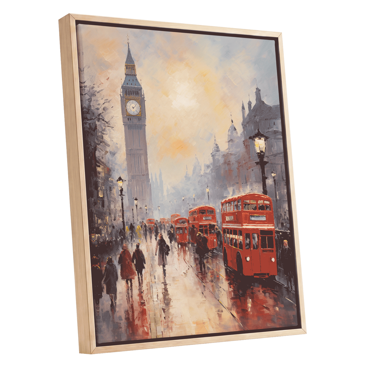 Rain Over Westminster, red, beige, gray abstract wall art shown as a oak framed canvas wall art