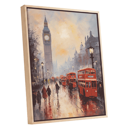 Rain Over Westminster, red, beige, gray abstract wall art shown as a oak framed canvas wall art