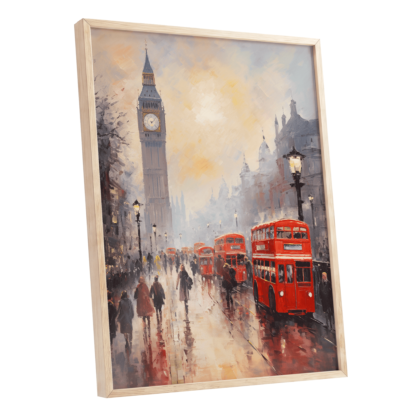 Rain Over Westminster, red, beige, gray abstract wall art shown as a oak framed poster wall art print