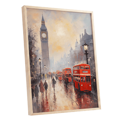 Rain Over Westminster, red, beige, gray abstract wall art shown as a oak framed poster wall art print