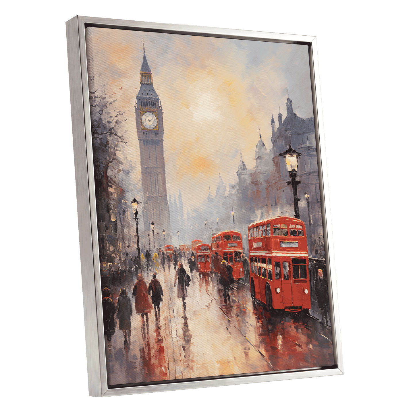 Rain Over Westminster, red, beige, gray abstract wall art shown as a silver framed canvas wall art