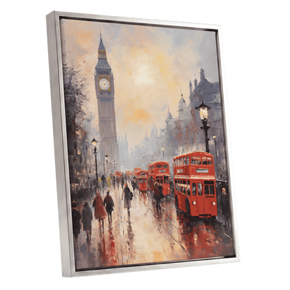 Rain Over Westminster, red, beige, gray abstract wall art shown as a silver framed canvas wall art