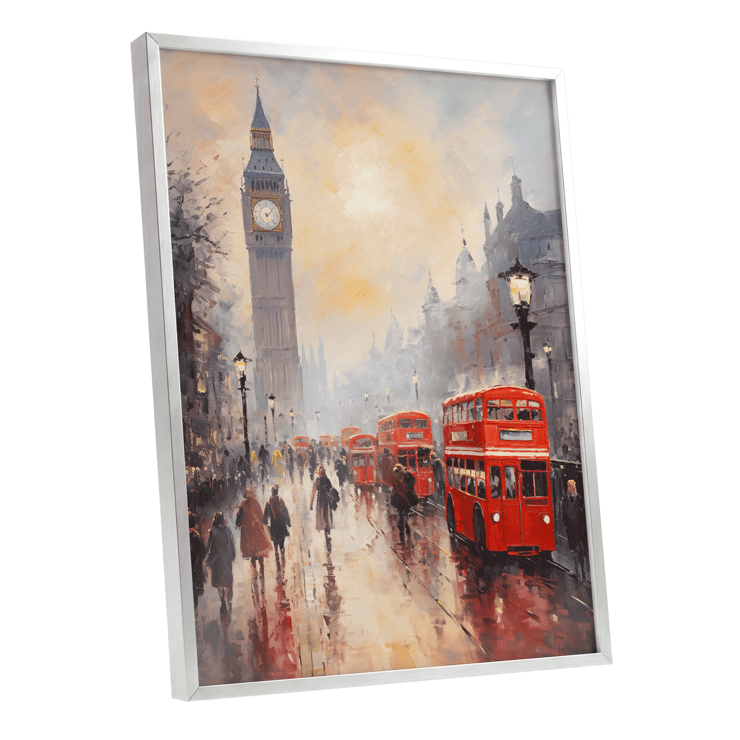 Rain Over Westminster, red, beige, gray abstract wall art shown as a silver framed poster wall art print
