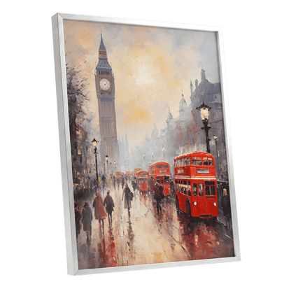 Rain Over Westminster, red, beige, gray abstract wall art shown as a silver framed poster wall art print