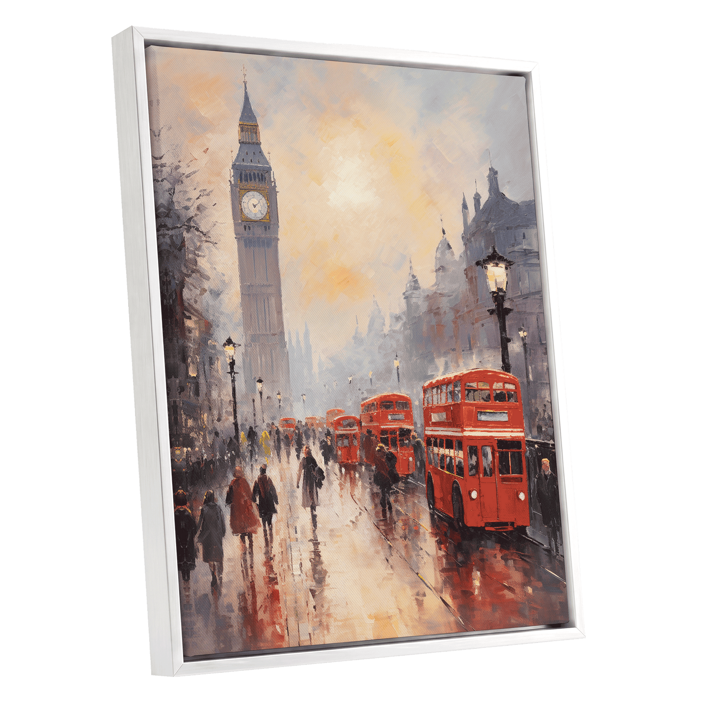Rain Over Westminster, red, beige, gray abstract wall art shown as a white framed canvas wall art