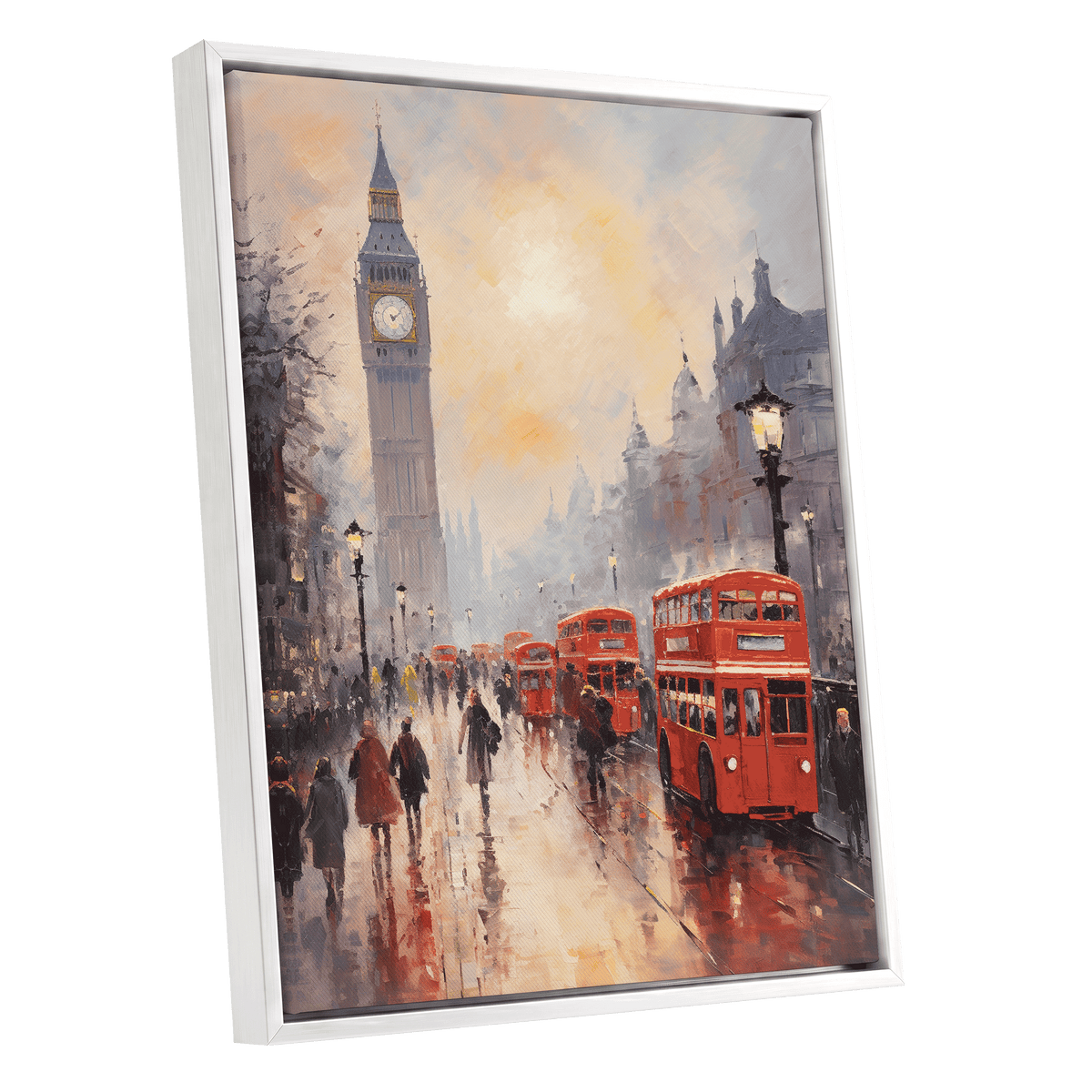 Rain Over Westminster, red, beige, gray abstract wall art shown as a white framed canvas wall art
