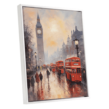 Rain Over Westminster, red, beige, gray abstract wall art shown as a white framed canvas wall art