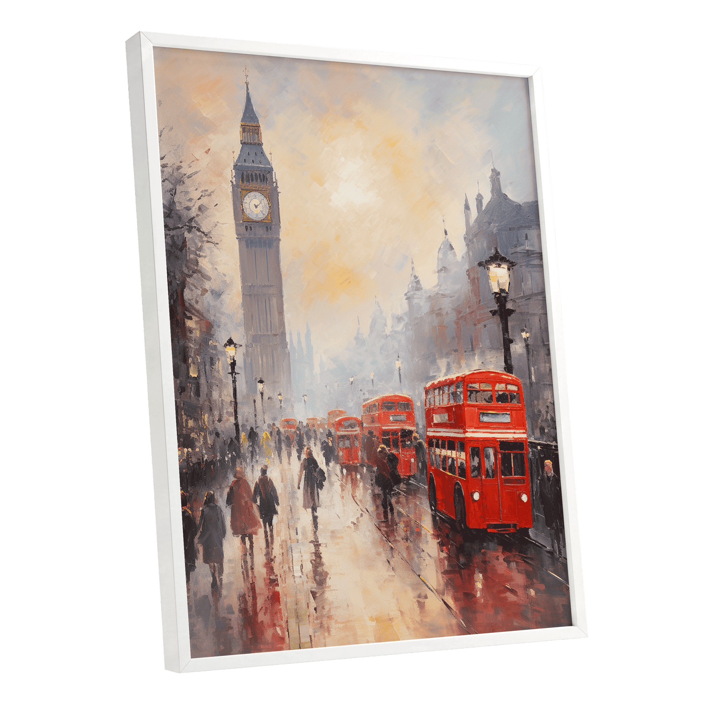Rain Over Westminster, red, beige, gray abstract wall art shown as a white framed poster wall art print