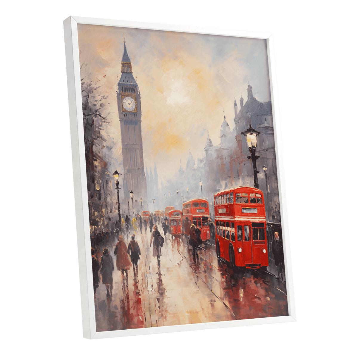 Rain Over Westminster, red, beige, gray abstract wall art shown as a white framed poster wall art print
