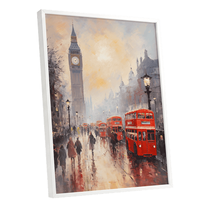 Rain Over Westminster, red, beige, gray abstract wall art shown as a white framed poster wall art print