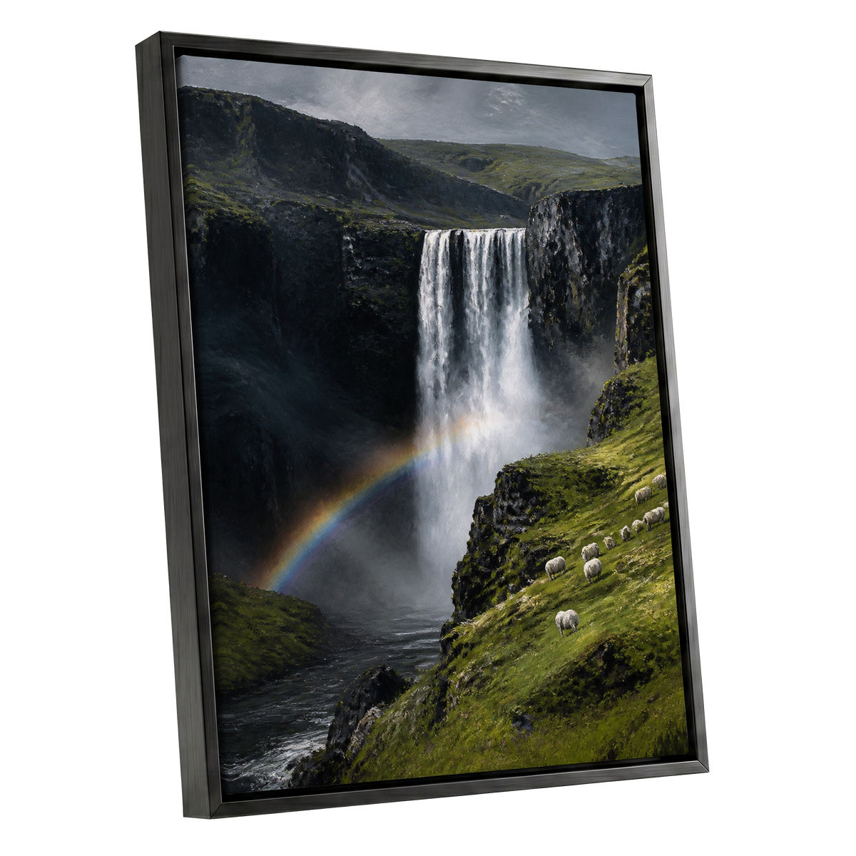 Rainbow at the Falls, green, black, white nature wall art shown as a black framed canvas wall art