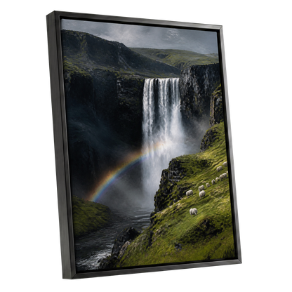 Rainbow at the Falls, green, black, white nature wall art shown as a black framed canvas wall art