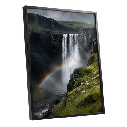 Rainbow at the Falls, green, black, white nature wall art shown as a black framed poster wall art print