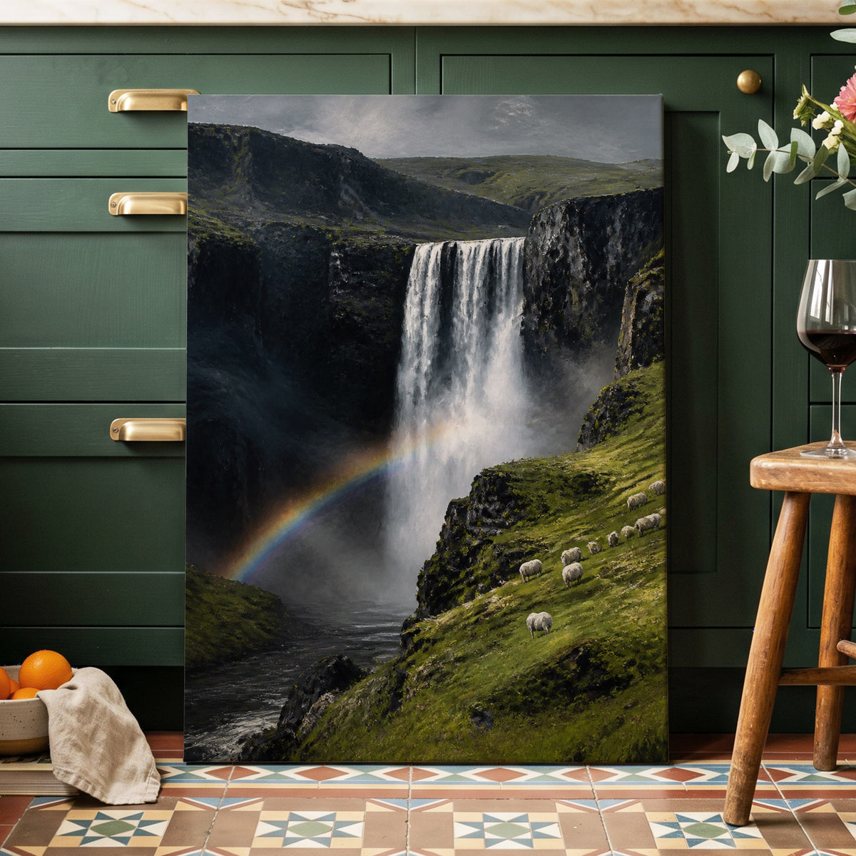 Rainbow at the Falls, green, black, white nature wall art on canvas displayed in a styled interior, gallery view 1