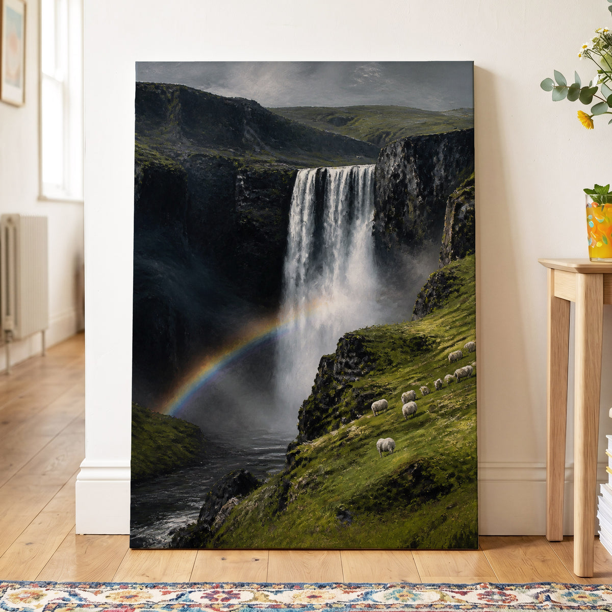 Rainbow at the Falls, green, black, white nature wall art on canvas displayed in a styled interior, gallery view 2