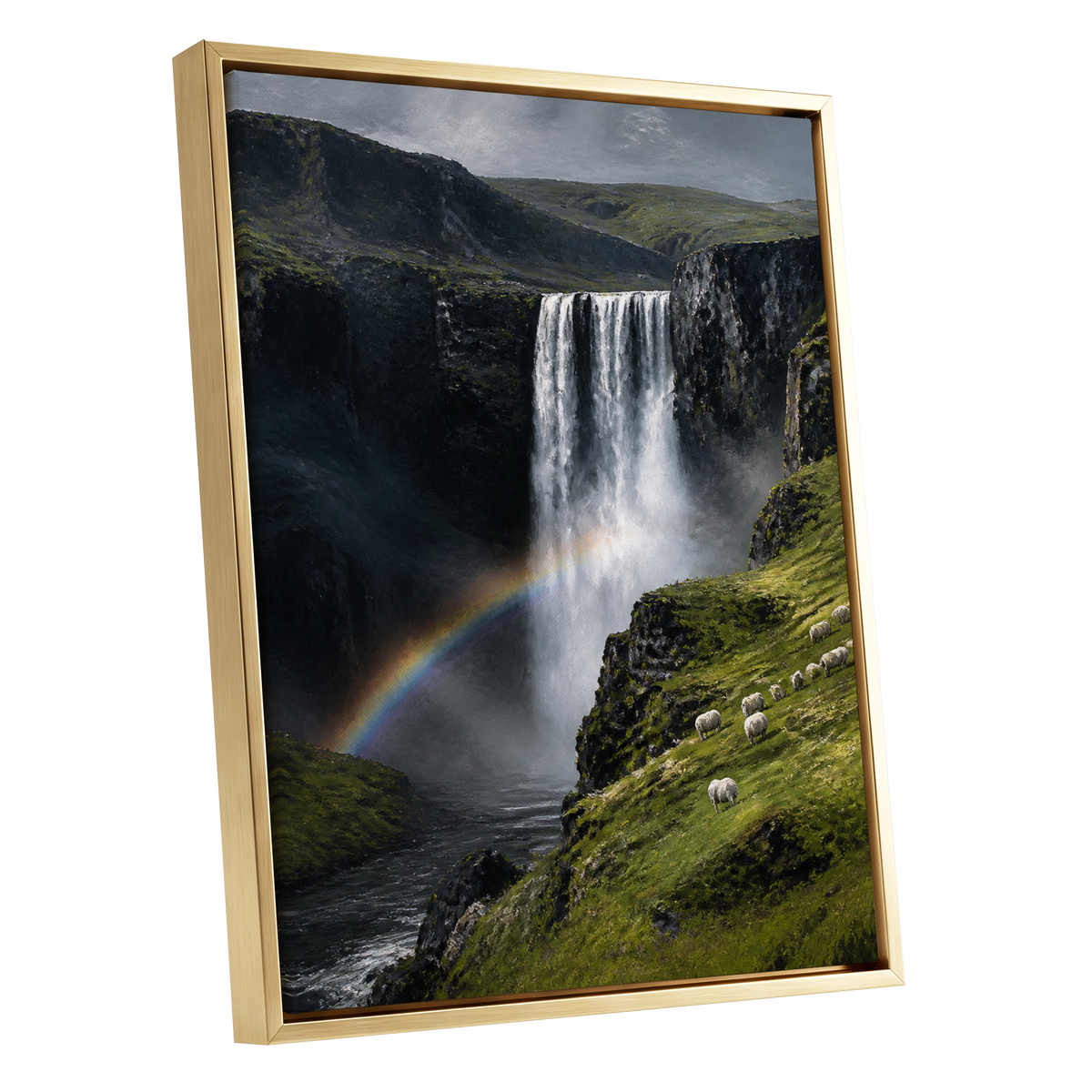 Rainbow at the Falls, green, black, white nature wall art shown as a gold framed canvas wall art