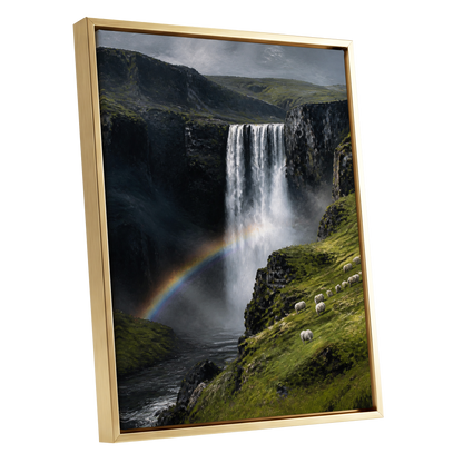 Rainbow at the Falls, green, black, white nature wall art shown as a gold framed canvas wall art