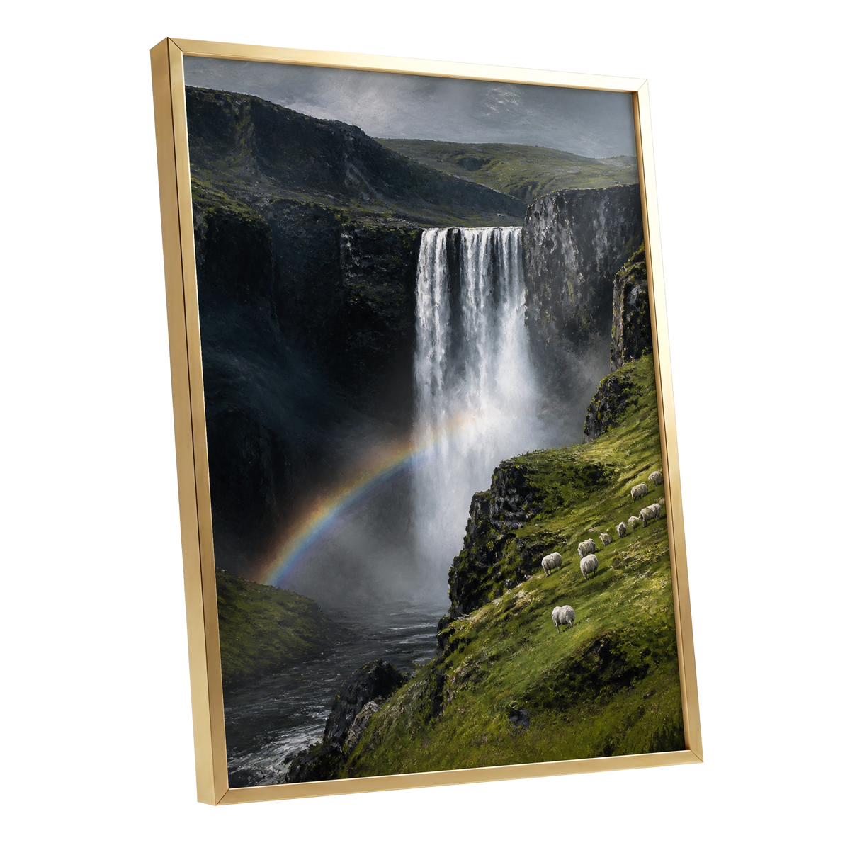 Rainbow at the Falls, green, black, white nature wall art shown as a gold framed poster wall art print