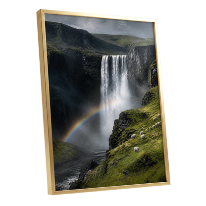 Rainbow at the Falls, green, black, white nature wall art shown as a gold framed poster wall art print
