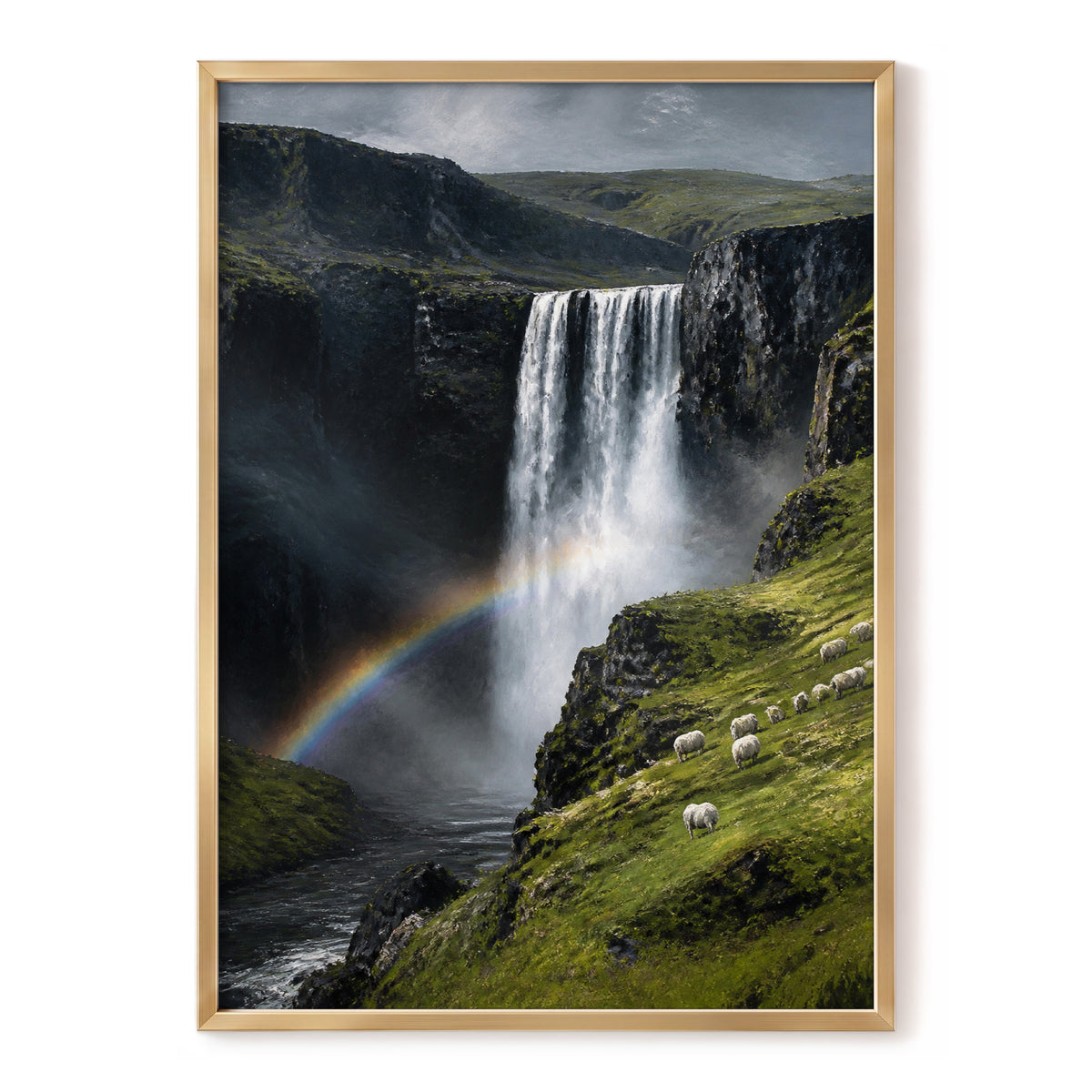 Rainbow at the Falls, green, black, white nature wall art, front artwork view