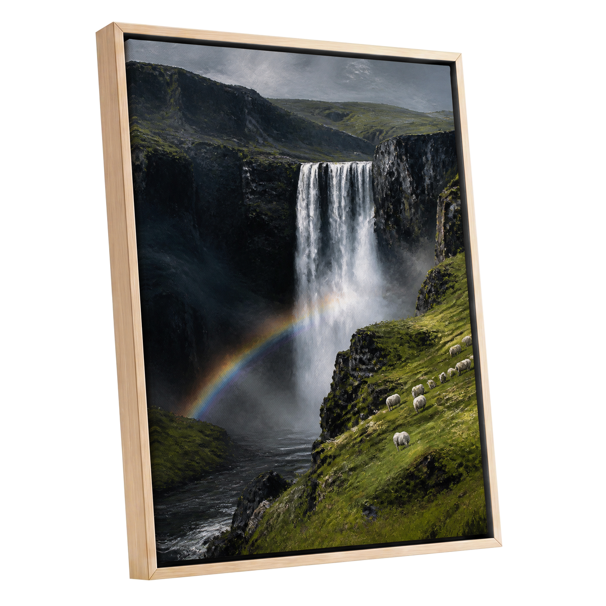 Rainbow at the Falls, green, black, white nature wall art shown as a oak framed canvas wall art