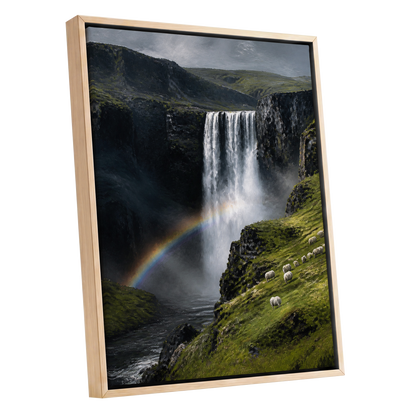 Rainbow at the Falls, green, black, white nature wall art shown as a oak framed canvas wall art