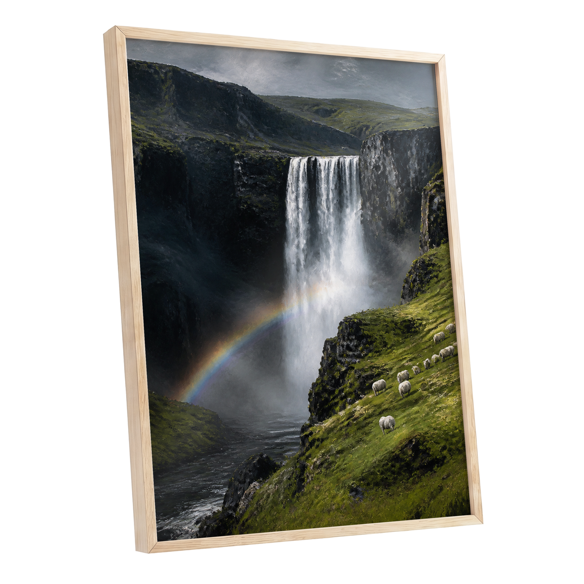 Rainbow at the Falls, green, black, white nature wall art shown as a oak framed poster wall art print