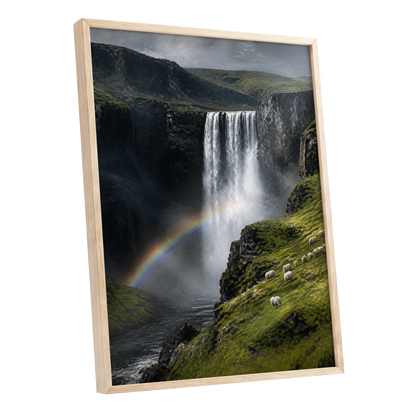 Rainbow at the Falls, green, black, white nature wall art shown as a oak framed poster wall art print