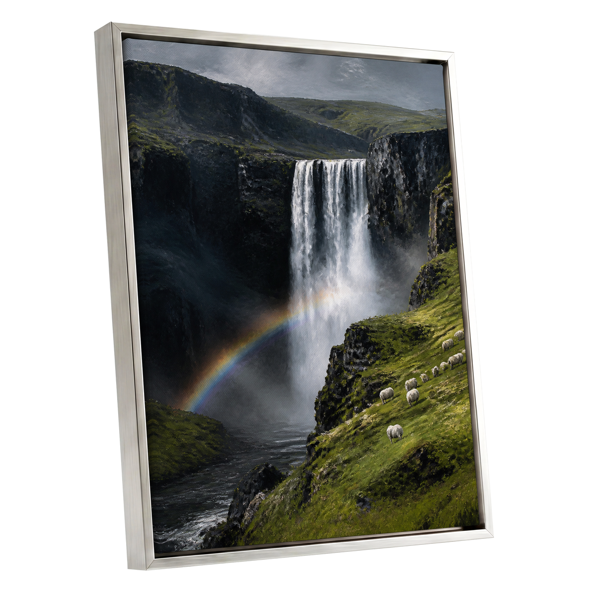 Rainbow at the Falls, green, black, white nature wall art shown as a silver framed canvas wall art