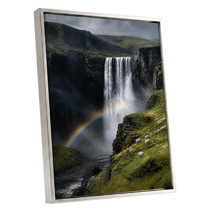 Rainbow at the Falls, green, black, white nature wall art shown as a silver framed canvas wall art