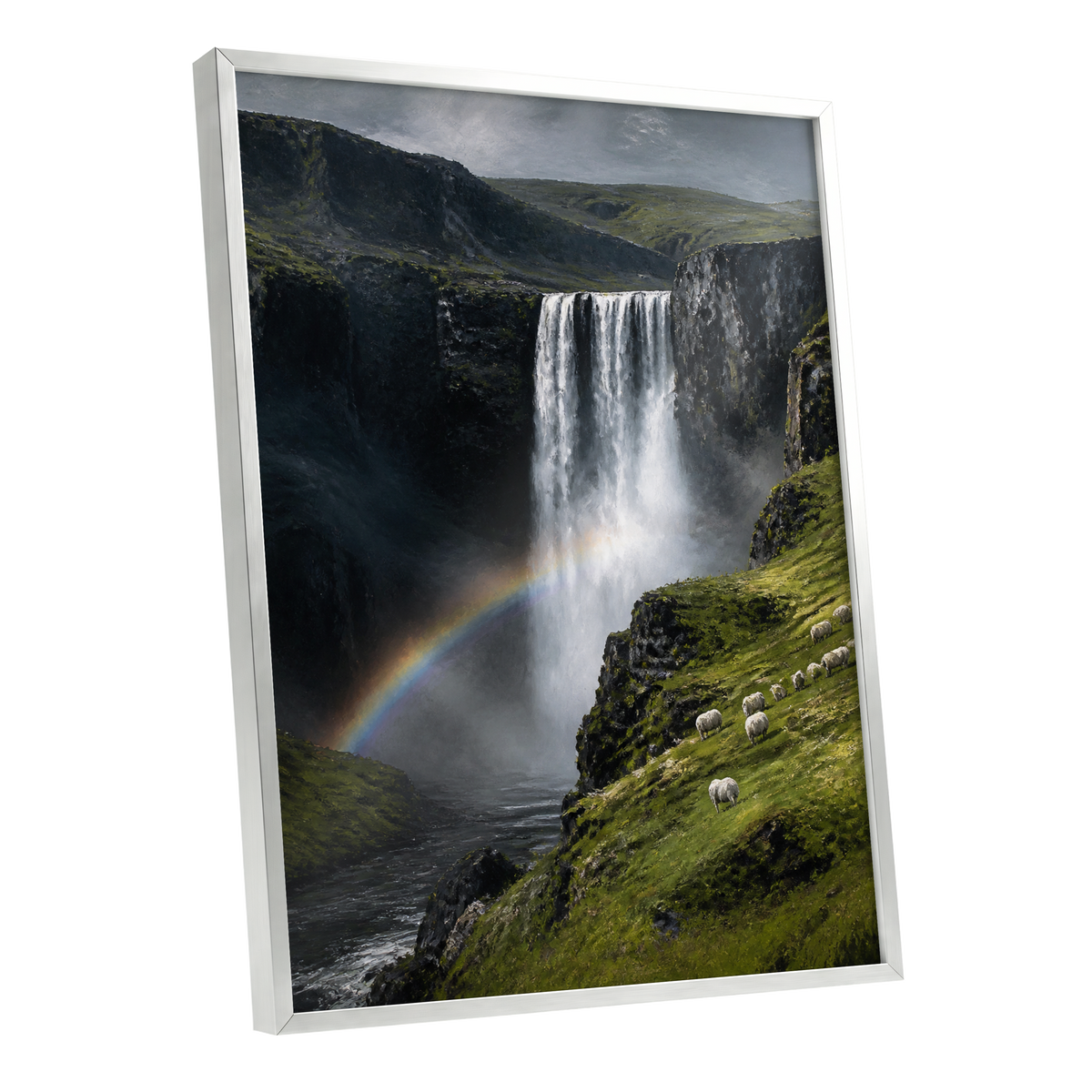 Rainbow at the Falls, green, black, white nature wall art shown as a silver framed poster wall art print