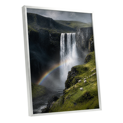 Rainbow at the Falls, green, black, white nature wall art shown as a silver framed poster wall art print