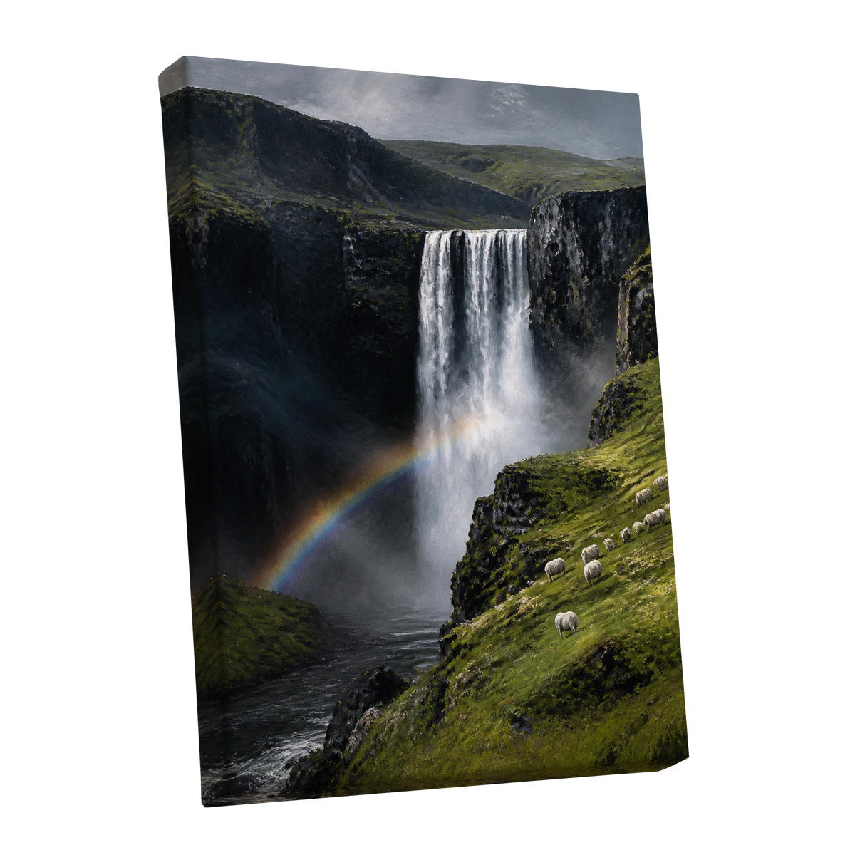 Rainbow at the Falls, green, black, white nature wall art shown as a stretched canvas wall art