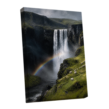 Rainbow at the Falls, green, black, white nature wall art shown as a stretched canvas wall art
