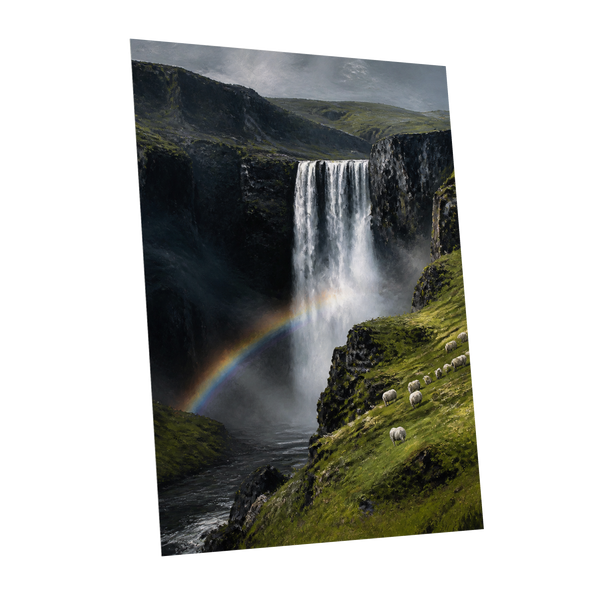 Rainbow at the Falls, green, black, white nature wall art shown as a unframed poster wall art print