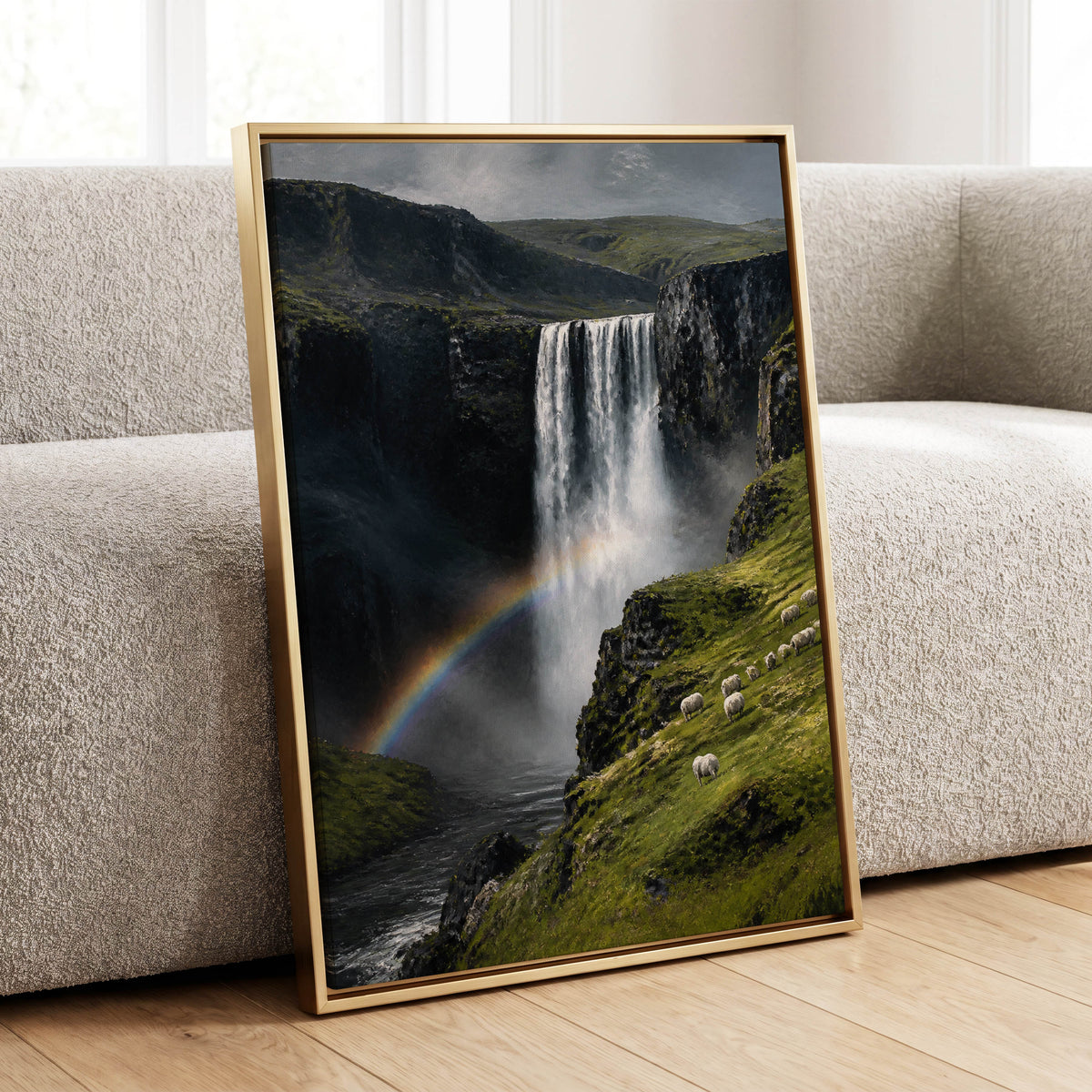 Rainbow at the Falls, green, black, white nature wall art displayed in a styled interior, gallery view 1