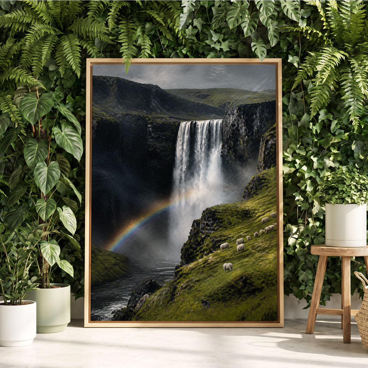 Rainbow at the Falls, green, black, white nature wall art displayed in a styled interior, gallery view 2