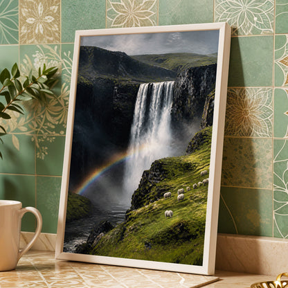 Rainbow at the Falls, green, black, white nature wall art displayed in a styled interior, gallery view 3