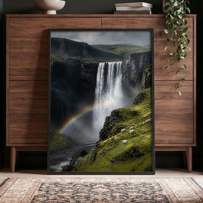 Rainbow at the Falls, green, black, white nature wall art displayed in a styled interior, gallery view 5