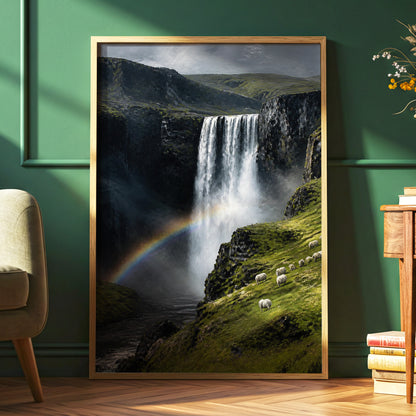 Rainbow at the Falls, green, black, white nature wall art displayed in a styled interior, gallery view 6
